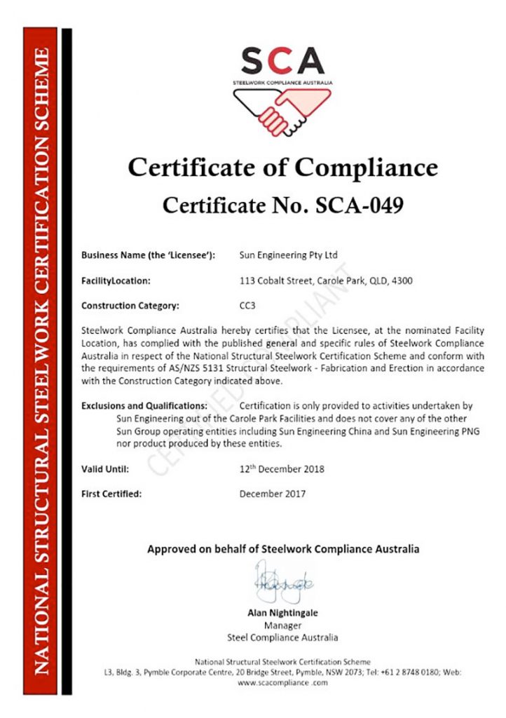 SCA Certificate - Sun Engineering